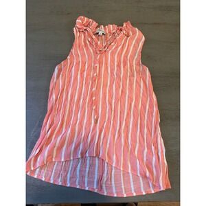 Alex & Parker Coral White Striped Sleeveless Ruffle Neck Blouse XL AP338